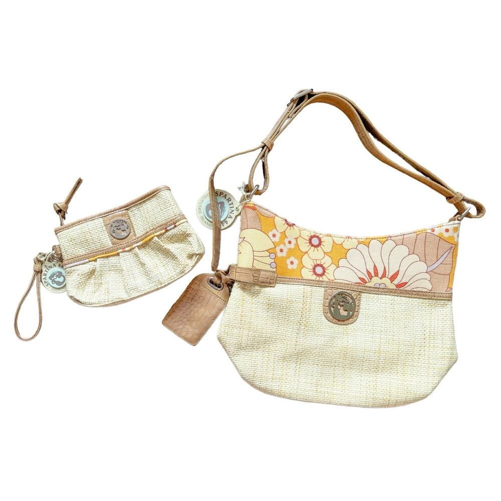 Spartina 449 Straw Bag Summer House Bucket Pleated Clutch Purse Linen Leather